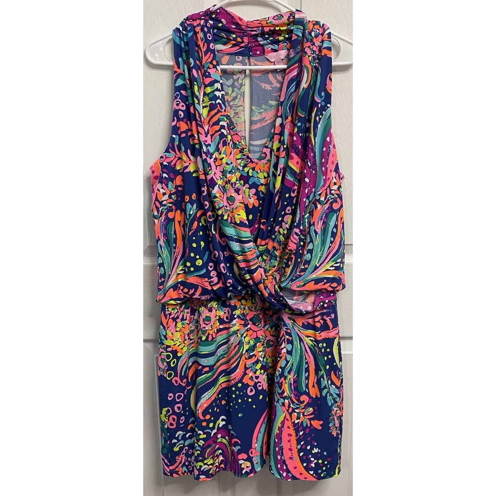 Lilly Pulitzer Women Felizia Beach Loot Print Slinky Wrap Dress Blue/Pink XL,EUC